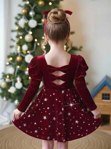 SHEIN Young Girl Burgundy Autumn Glitter Star Print Velvet Dress,Long Sleeves Cake Dress For 7th Birthday,Vintage Princess Wedding Christmas Party Wear - Burgundy - View 7
