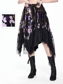 ROMWE Vintage Gothic Floral Velvet & Lace Patchwork Asymmetrical Hem Women's Skirt - Multicolor - View 1