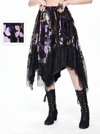 Goth Falda asimétrica para mujer de terciopelo y encaje floral vintage gótico