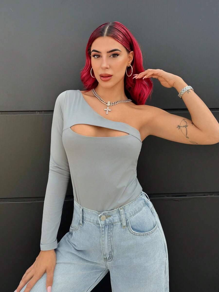 女士一件式单肩紧身衣，不对称泳衣紧身衣，单肩紧身衣，夏季服装 - 灰色 - 查看 1