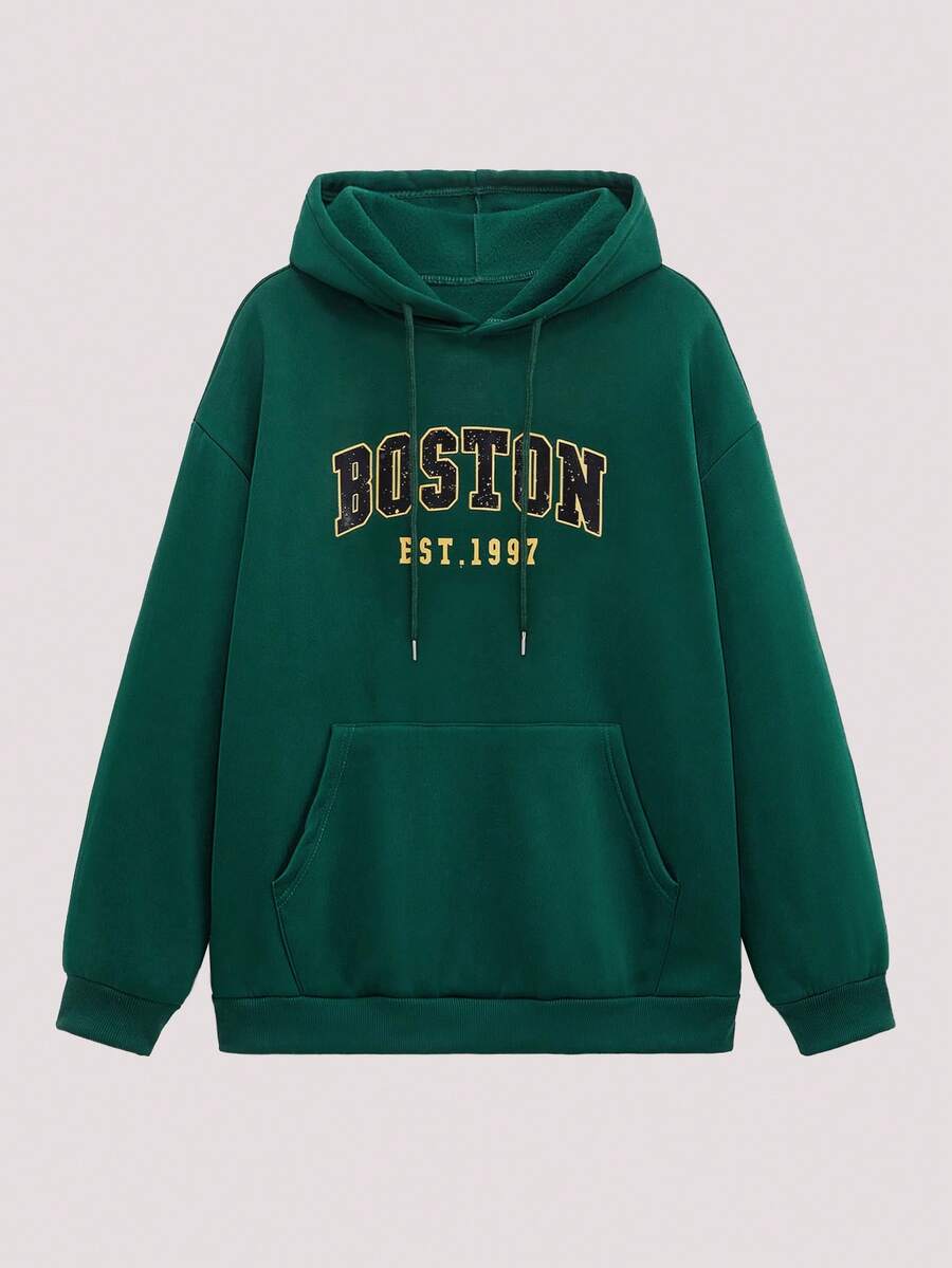 Open Phase 男士波士顿字母印花休闲连帽卫衣，返校季，秋冬季穿搭，日常搭配，男友/老公礼物，春季 - 綠色 - 查看 1