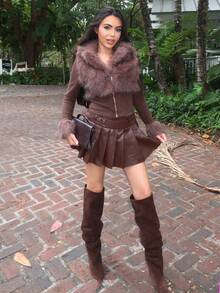 Durrani Popal Chân váy ngắn xếp ly bằng da PU thiết kế khóa trơn màu dành cho nữ - Cà phê nâu - Xem 5