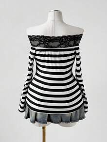 Sunspun Áo thun dài tay hở vai họa tiết kẻ sọc, họa tiết ren vá cỡ lớn dành cho nữ, thời trang thu/đông - Đen và trắng - Xem 3