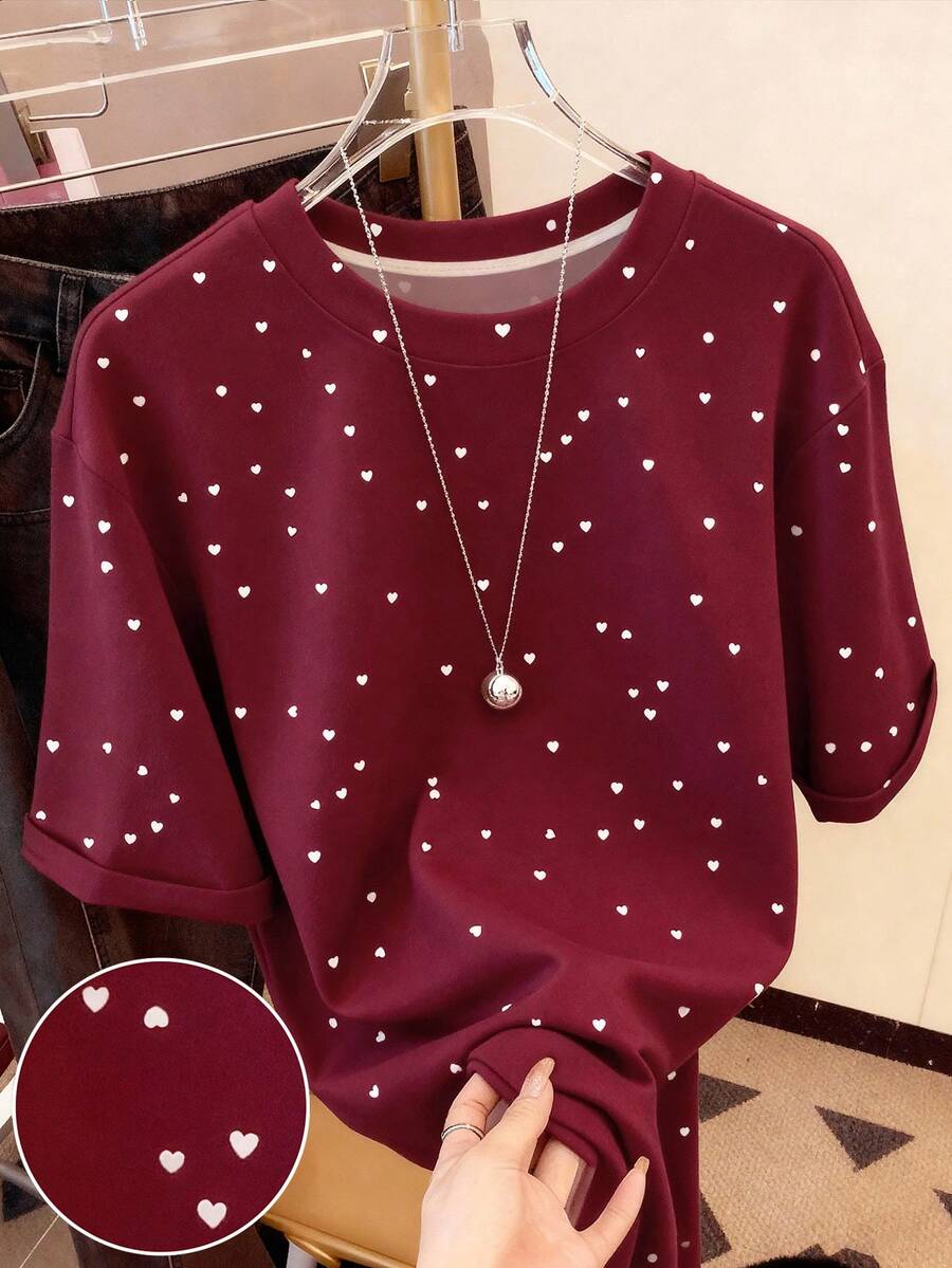 1pc Women's Casual Heart Print Short Sleeve Round Neck T-Shirt, A Gift For Friends - White - View 1