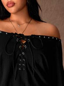 Rustia Blusa de encaje con ojales y cordones, talla grande, hombros descubiertos - Negro - Ver 3
