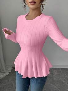 Elenzga Damen eleganter taillierter A-Linien Pullover mit rundem Ausschnitt und Langarm in Unifarbe, Herbst - Pink - Übersicht 7
