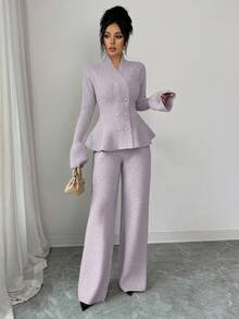 Elenzga 2pcs Set: Elegant Casual Commuter Blue Stand Collar Flare Sleeve Cinched Waist Cardigan & Straight Leg Knit Sweater, Autumn/Winter - Purple - View 5