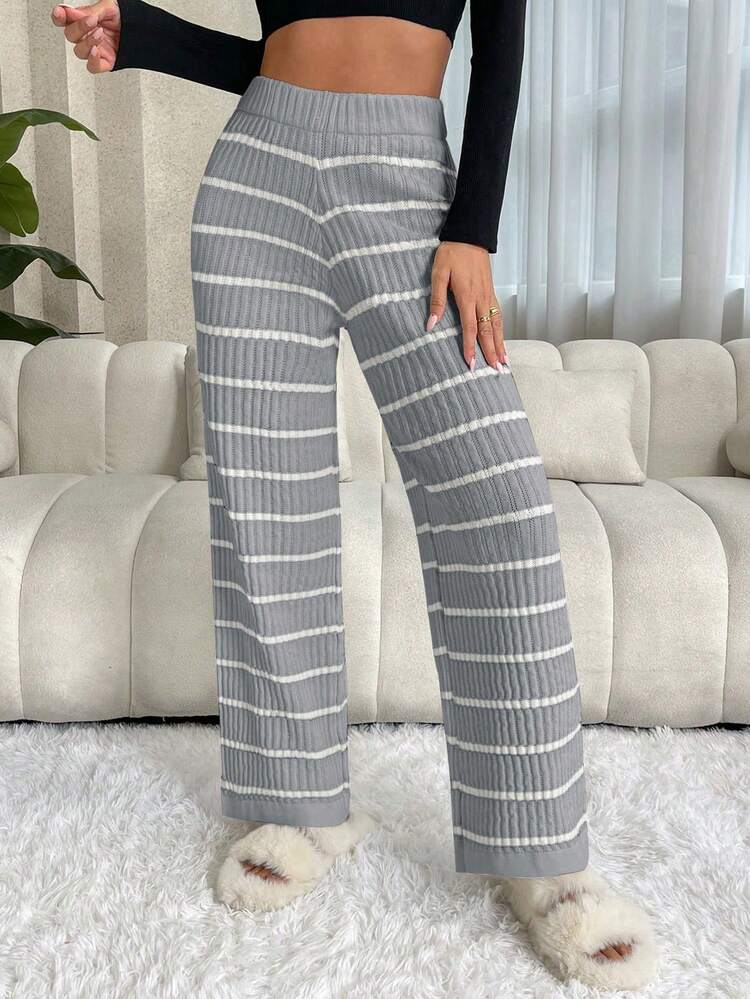 Chiquease Casual Ribbed Pattern Ribbed Waistband Knit Pants