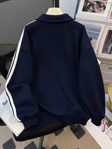 SHEIN Áo nỉ in họa tiết tiếng Anh cổ bẻ, tay lửng, màu xanh lam cho bé gái tuổi teen, thường ngày, trở lại trường, trang phục tối giản mặc hàng ngày vào mùa thu/đông - Màu xanh hải quân - Xem 8