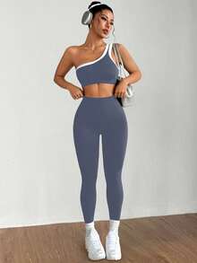 Dewbera Bộ đồ thể thao nữ liền mạch nâng mông một bên vai tập yoga co giãn cao - Xám - Xem 5