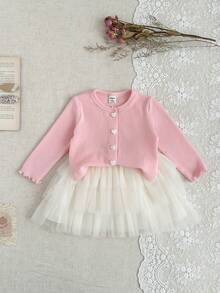 SHEIN Baby Girl Cute Pink Faux Fur Fabric Round Neck Long Sleeve 3-Layer Tulle Cake Dress Set, Versatile For Autumn/Winter - Pink - View 3