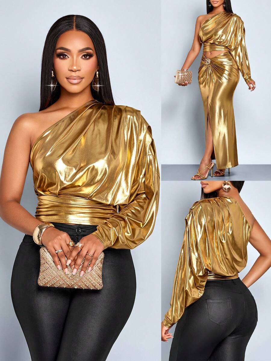 SOLERSUN "Áo sơ mi dài tay xếp ly một bên vai dành cho nữ, áo dài tay, thích hợp mặc dự tiệc, lễ hội âm nhạc" - Vàng - Xem 1