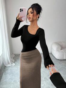 SHEIN Elenzya Nuovo abito mini elegante e vintage da donna in tessuto elastico lucido, con spalla asimmetrica, balze e orlo a volant, adatto per l'autunno/inverno - Multicolore - Visualizzare 5