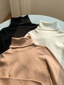 SHEIN LUNE 3pcs/Set Sweater Rajut Leher Tinggi Nyaman Warna Putih, Hitam, Krem, Musim Gugur/Dingin - MultiWarna - View 7