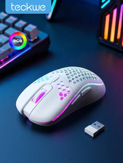 Teckwe Wireless Gaming Mouse Honeycomb 2.4G USB Cordless Mouse RGB Rechargeable PC Game Mice With LED Lights, Drag-Free Paracord, Ergonomic, Suitable For Home Gaming And Office Use Halloween Gift