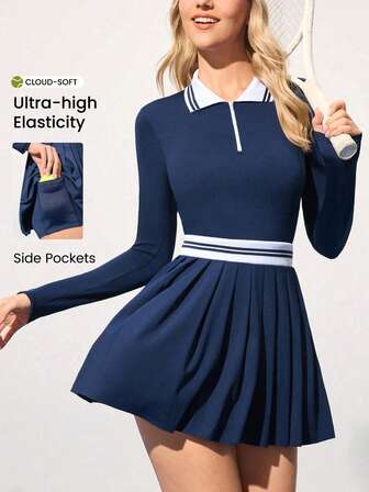 CourtClass 女士撞色褶皱运动连衣裙