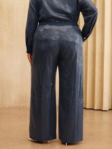 Anewsta Quần ống đứng chắp vá sequin thanh lịch cỡ lớn dành cho nữ, quần công sở quyến rũ - Màu xanh hải quân - Xem 2