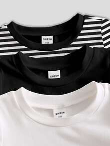 3件套 男婴男女通用 婴儿幼儿 6个月-3岁 时尚简约英文图案 黑色、白色、黑白条纹 柔软舒适长袖T恤，适合春、夏、秋、冬、运动、休闲、居家穿着，百搭长袖上衣