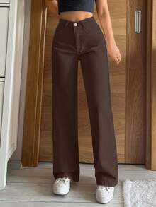 EURMUSE Quần jean ống đứng túi xéo 100% cotton không kèm thắt lưng - Màu Đỏ Sâu - Xem 3