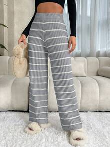 Chiquease Casual Ribbed Pattern Ribbed Waistband Knit Pants - Grey - View 6