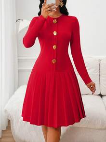 SHEIN Lady 女士优雅纯色褶皱迷你连衣裙，欧美风格 - 紅色 - 查看 5