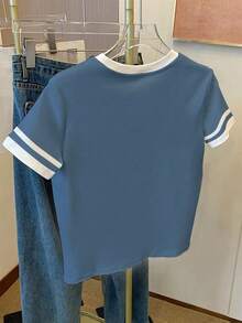 SHEIN 女款T恤/保罗图案印花/刺绣工艺/女士宽松休闲撞色圆领T恤上衣/春夏 - 彩色 - 查看 2