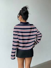 Aloruh Women's Autumn/Winter Sweatshirt Polo Shirt 2 In 1 Sweatshirt Red And Blue Striped Collegiate Style Retro Y2K Casual Top New Year Party - Multicolor - View 2