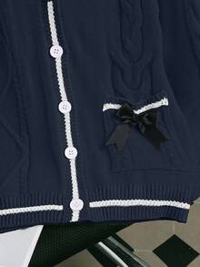 Sparklyn 女童开衫一件，甜美公主风，纹理针织，撞色领，黑色蝴蝶结装饰，V领，长袖针织开衫，厚度适中，百搭清新柔软舒适针织外套，适合日常和上学穿着，春秋季 - 藏蓝色 - 查看 3