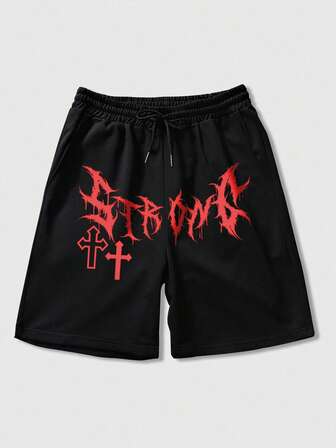 Goth Pantaloncini casual da uomo con stampa di lettere e croci, con vita con coulisse, estivi