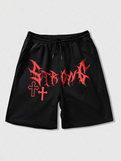 Goth Herren Lässig Shorts mit Buchstaben- und Kreuz-Aufdruck, Kordelzug Taille, Sommer