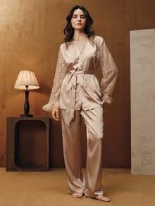 Anewsta 女士蕾丝拼接长袖上衣和裤子睡衣套装，秋季服装，冬季服装 - 香檳色 - 查看 4