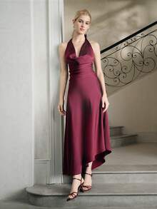 Anewsta Plunging Neck Tie Strap Bow Sleeveless Cinched Waist Bodycon Dress, Suitable For Beach Party, Vacation