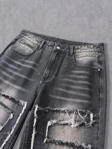 Manfinity Denimwave Men's Vintage Washed Patchwork Distressed Denim Jeans Emo Jeans Black Ripped Jeans Men - Black - View 8