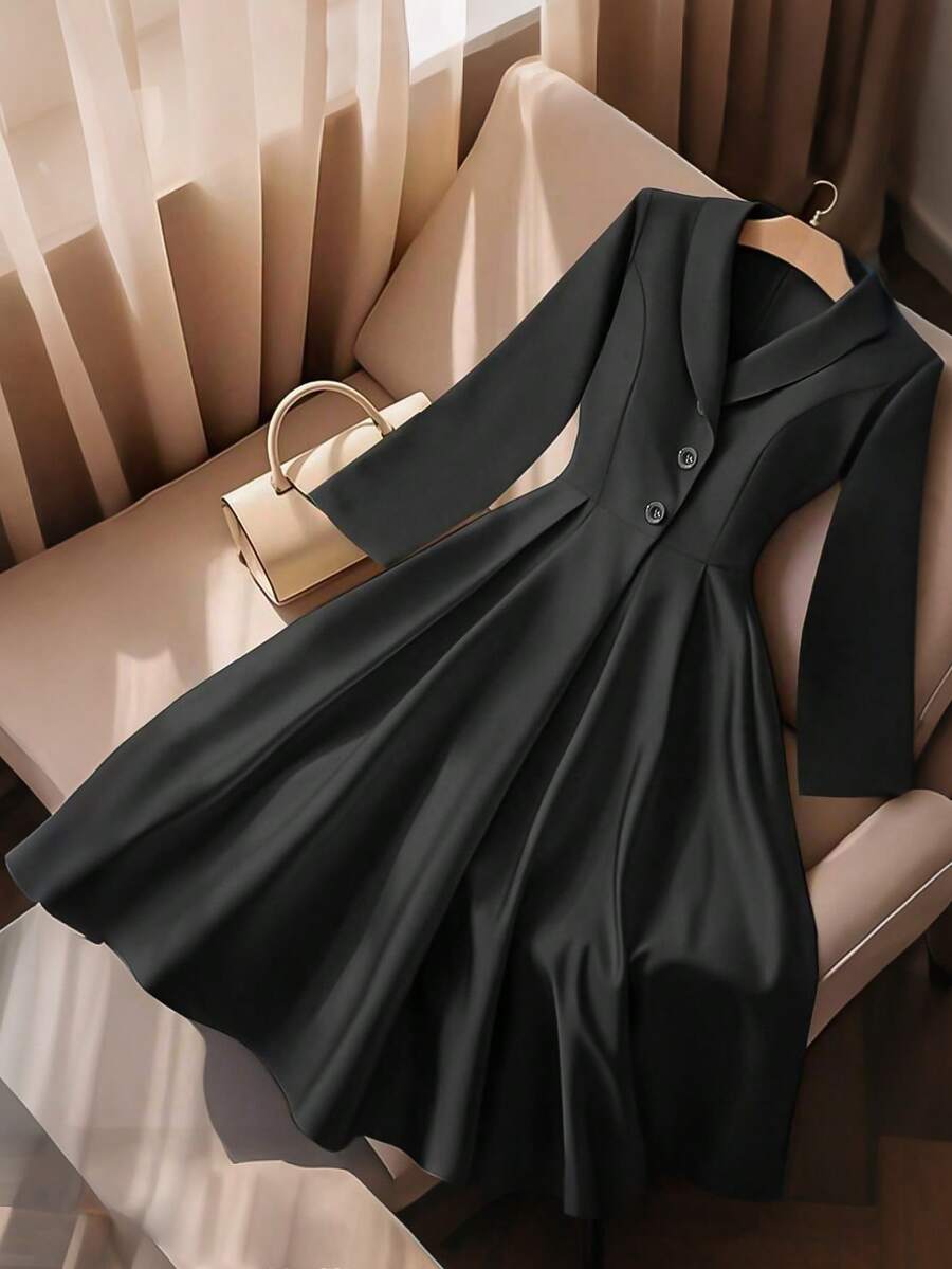 Franclia Đầm suông xếp ly thanh lịch, ôm sát, ve áo đơn hàng khuy, cạp cao dành cho nữ, phù hợp cho mùa xuân và mùa thu - màu đen - Xem 1