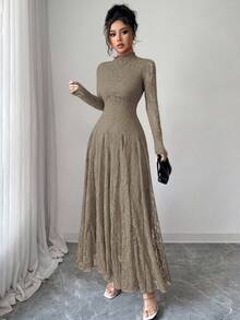 Modelyn Wine Red High Neck Waist Cinched Lace Dress For Women - Khaki - View 4