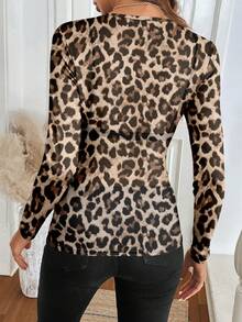 Easowa 圆领复古豹纹紧身网眼面料休闲通勤优雅外套，女士，秋冬季，休闲 - 彩色 - 查看 2