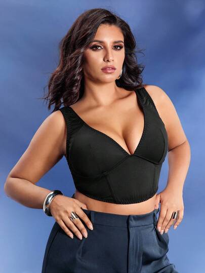 EmpressEnvy Regata Cropped Ajustada de Cor Sólida para Mulheres Plus Size