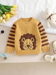 1pc Toddler Cute Lion Jacquard Knit Sweater, Round Neck Long Sleeve Pullover, Fashionable & Adorable - Yellow - View 5