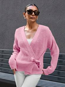 SHEIN 女式 V 领蝴蝶结灯笼袖超大开衫 - 淺粉色 - 查看 4