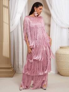 VOLUPTÉ CURVE 大码春夏新款优雅派对/生日连衣裙，粉色网纱针织面料，流苏装饰，露肩设计，多层流苏细节，及地长款，适合派对、宴会、婚礼等场合。 - 粉色 - 查看 5