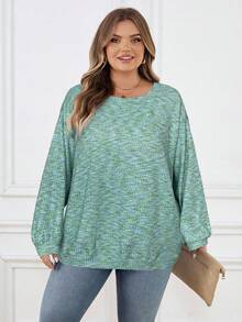 SHEIN CURVE+ 大码女式彩色华夫格针织套头卫衣，秋冬季 - 綠色 - 查看 6