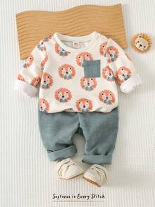 Cozy Pixies 2pcs Baby Boy Cartoon Animal Print Knit Soft Crew Neck Long Sleeve Pullover Sweatshirt And Elastic Waist Pants Set