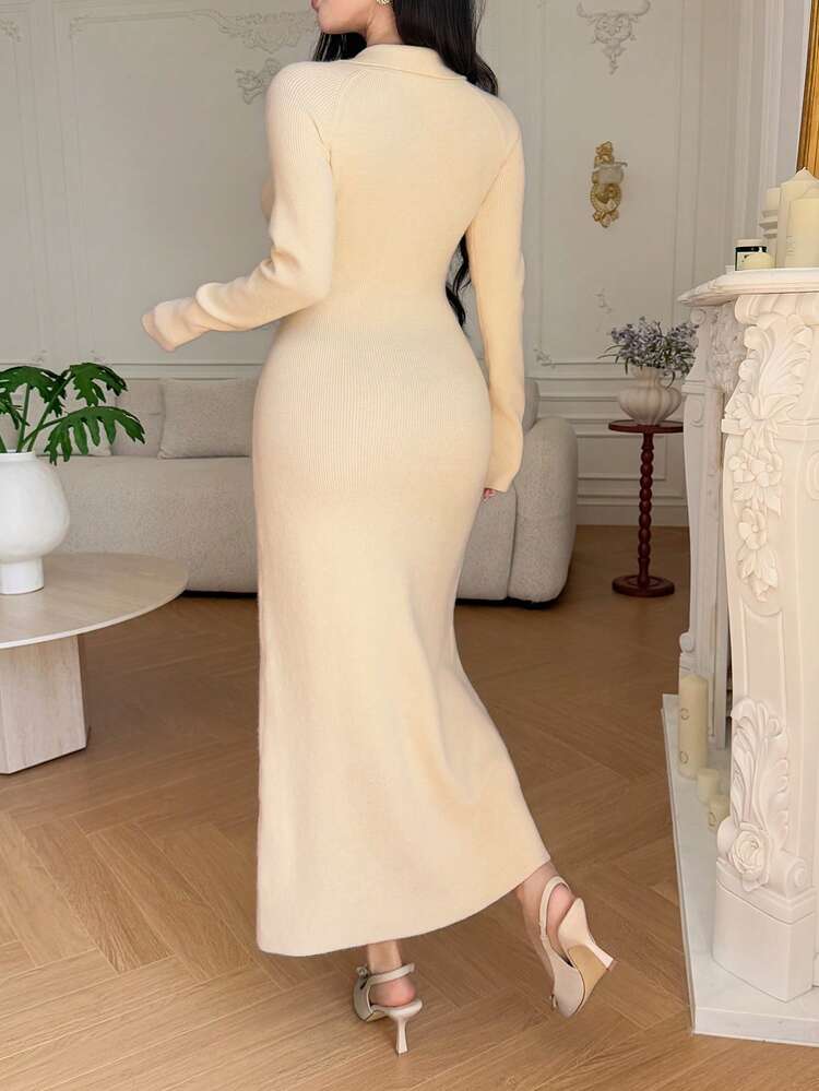 French Ruffle Tie-Up Waist Dress, Slimming Long Dress For Women, Winter Knit Sweater Dress