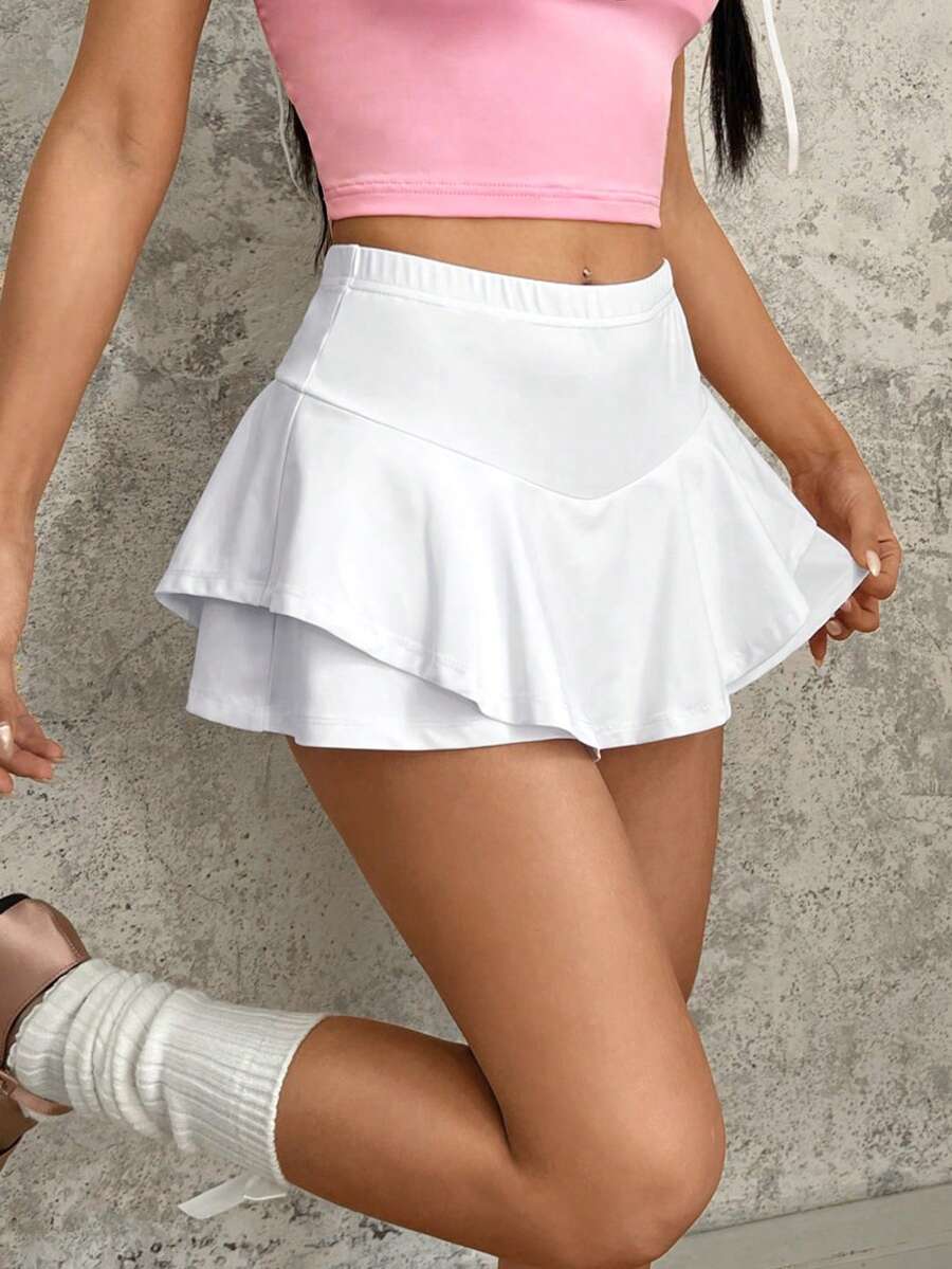 SHEIN EZwear Falda pantalón blanca con volantes en la cintura - Blanco - Ver 1