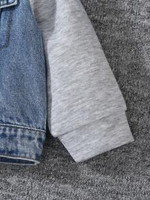 Chaqueta vaquera para niños pequeños, nueva llegada de otoño/invierno, capucha de punto retazos, lavado azul medio vintage, retazos de punto gris jaspeado, chaqueta vaquera con capucha ajustada y abrigo, tela suave y cómoda, versátil para uso diario casual, ropa de abrigo para bebés y niños pequeños - Multicolor - Ver 3