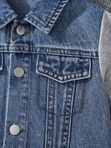 Chaqueta vaquera para niños pequeños, nueva llegada de otoño/invierno, capucha de punto retazos, lavado azul medio vintage, retazos de punto gris jaspeado, chaqueta vaquera con capucha ajustada y abrigo, tela suave y cómoda, versátil para uso diario casual, ropa de abrigo para bebés y niños pequeños - Multicolor - Ver 5