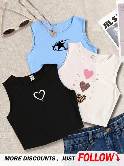 SHEIN Leap Crew 3件套少女休闲简约爱心星图案吊带背心，适合夏季穿着