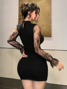 DAZY Robe longue moulante sexy avec design ajouré et manches longues en dentelle contrastée pour femmes - Noir - Voir 2