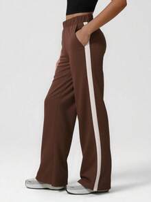 EURMUSE Women's Brown Drawstring Side Striped Casual Wide Leg Pants - Brown - View 3