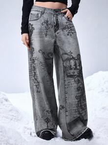 ROMWE Grunge Punk 男女皆宜的复古街头天使与藤蔓皇冠印花宽松阔腿牛仔裤 - 灰色 - 查看 8